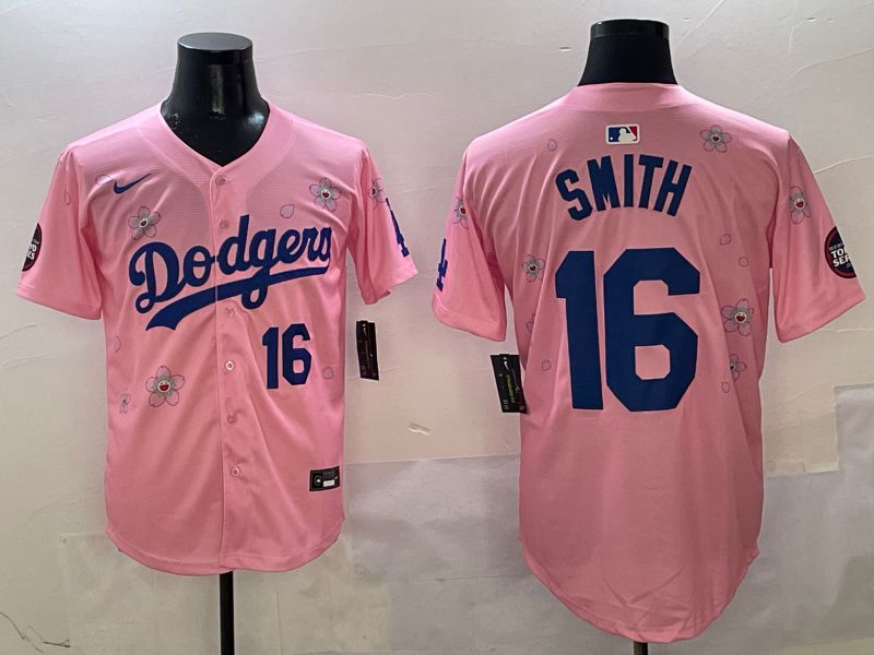 Men Los Angeles Dodgers 16 Smith Pink Sakura Edition 2025 Nike MLB Jersey style 3